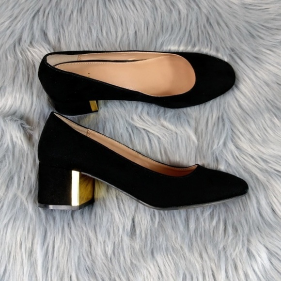black and gold block heels